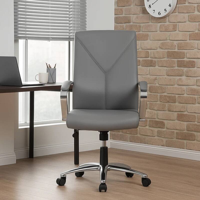 Roe Executive Swivel Chair, High Back Gray Faux Leather, Chrome Metal