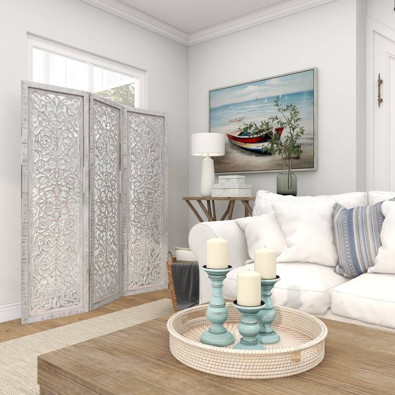 White Wooden Handmade Hinged Foldable Partition 3 Panel Floral Partition Room Divider Screen with Intricate Carved Design