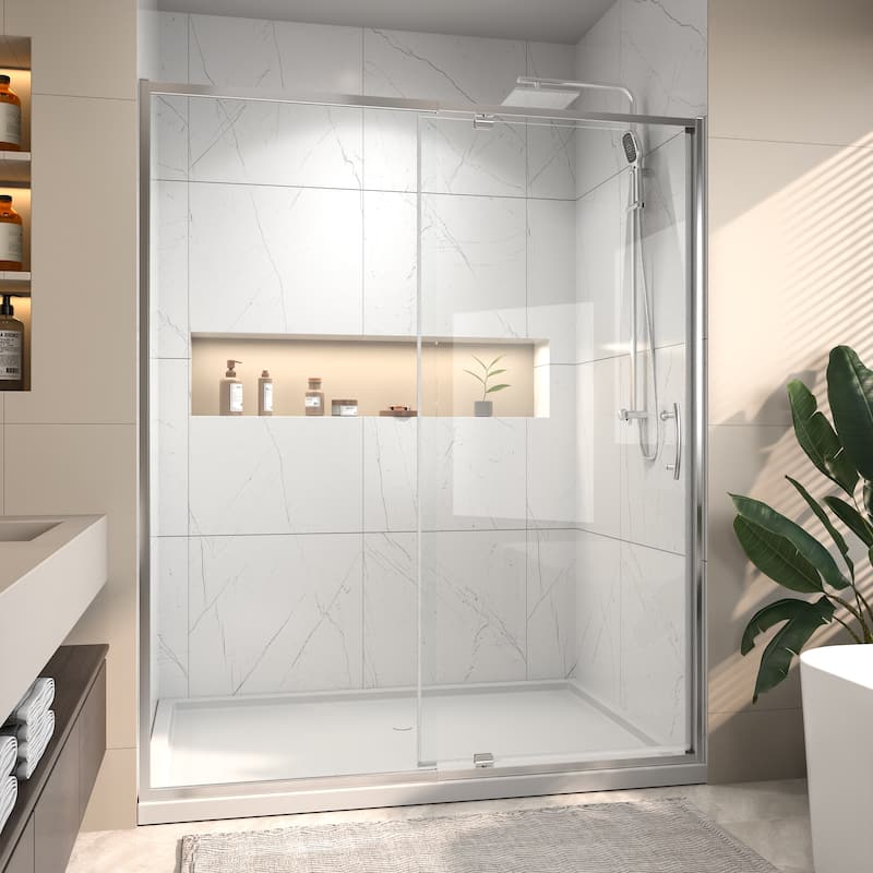 Modland 56-60''W x 71''H Pivot Frame Sliding Shower Door with 1/4"(6mm) Clear SGCC Tempered Glass, Black/Nickel/Chrome