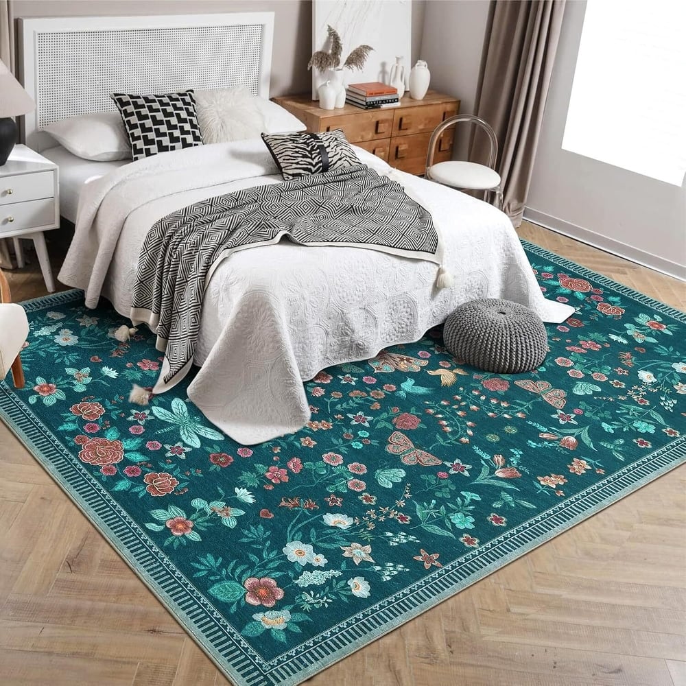 Modern Floral Machine Washable Indoor Waterproof Area Rug for Bedroom, Living Room, Dark Green - 2' x 3'