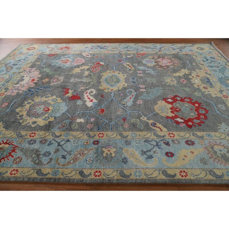 Gray Floral Oushak Oriental Area Rug Hand-Knotted Wool Carpet - 9'0"x 11'9"
