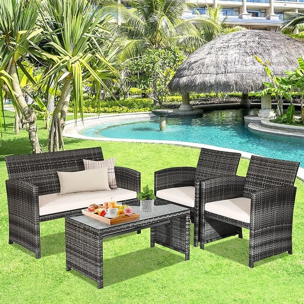 slide 2 of 9, Costway 4-piece Patio Rattan Sets Glass Top Table & Sofa With Cushion - 4-Piece Sets Grey - 4-Piece Sets