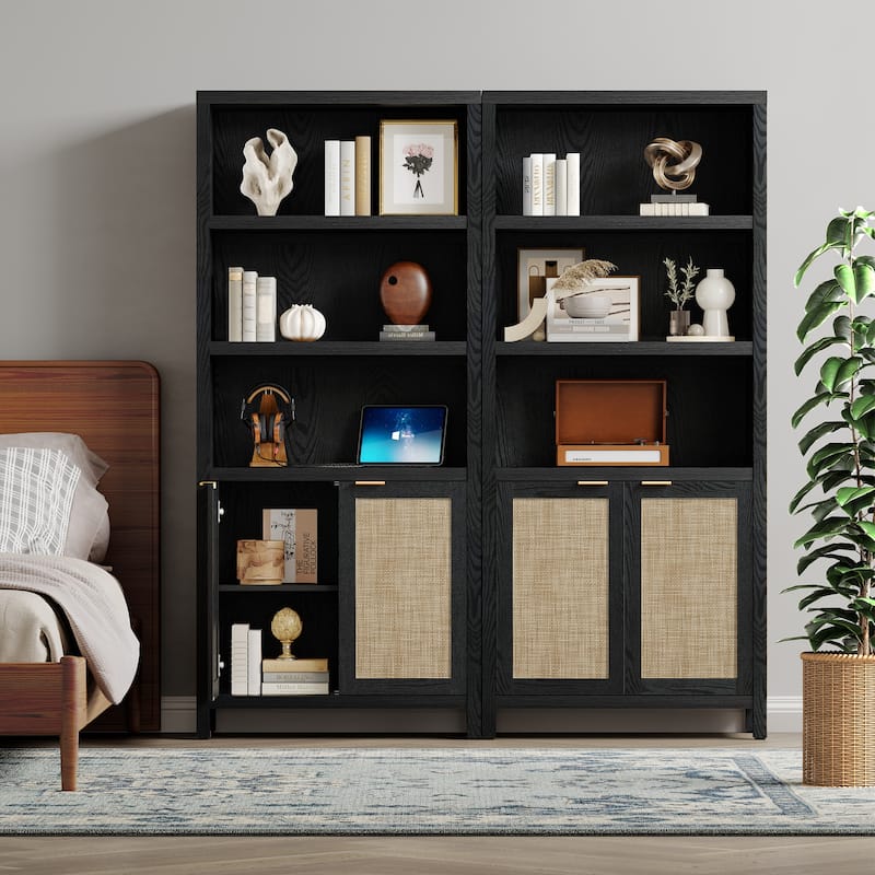 SICOTAS 5 Tier Adjustable Bookcase with Rattan Storage Cabinet