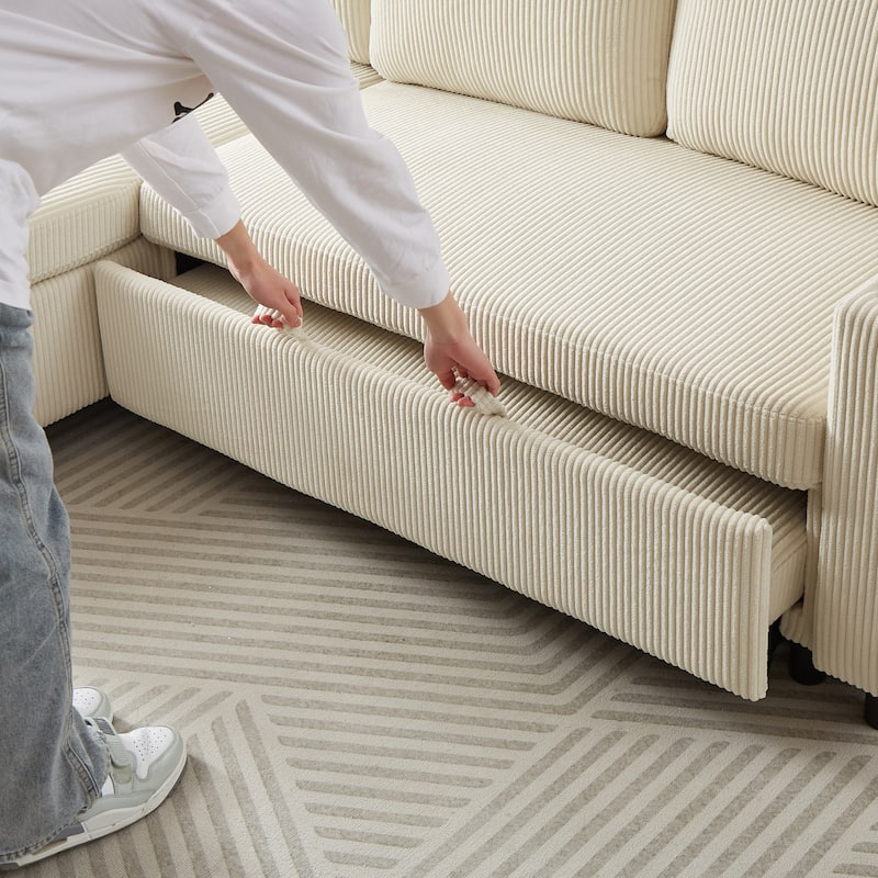 78.5" Corduroy L-Shaped Convertible Sofa Bed with Reversible Design, Pull-Out Sleeper & Storage Ottoman