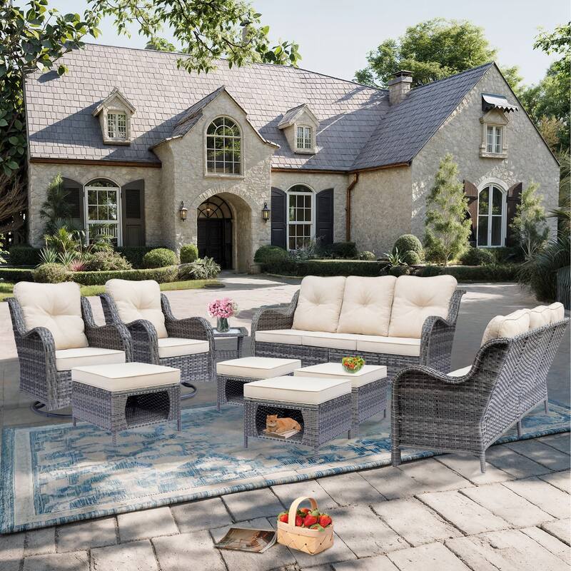 9 Piece Outdoor Wicker Patio Conversation Swivel Chairs Furniture Sets - Beige-Gray Wicker