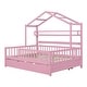 preview thumbnail 4 of 7, Full Size Wooden House Bed Kids Bed with Twin Size Trundle and Shelf