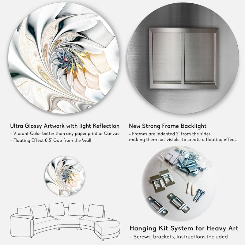 Designart 'White Stained Glass Floral Art' Floral Round Metal Wall Art Print