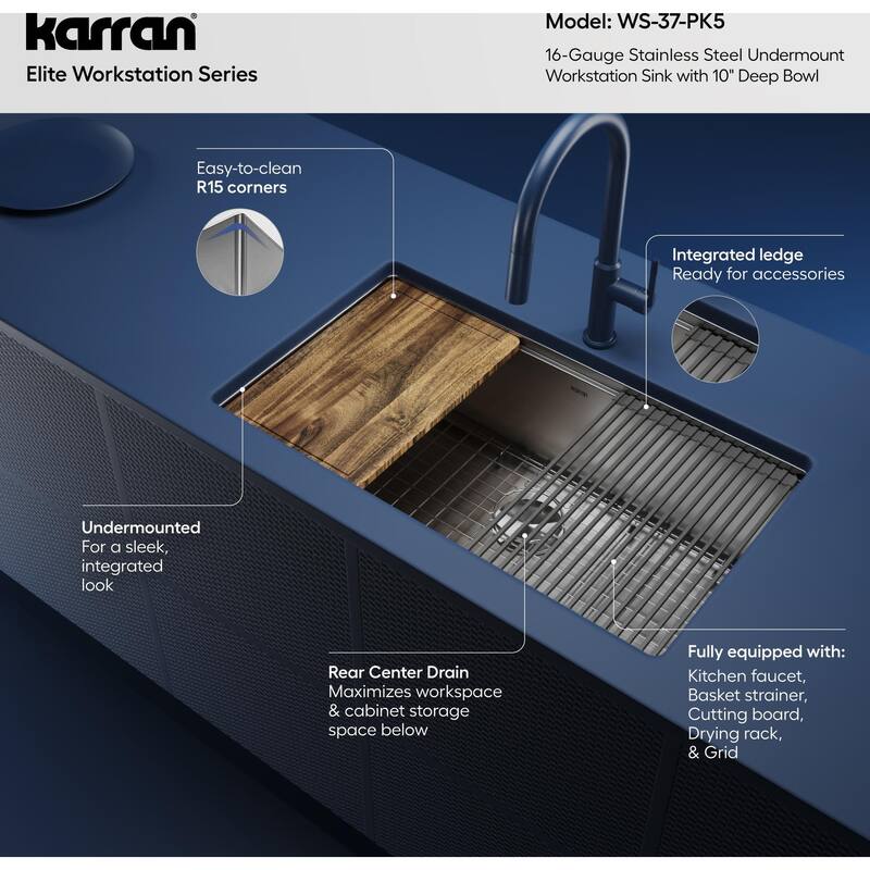 Karran USA WS-37-PK5 Elite Workstation 32" Rear-Drain Undermount
