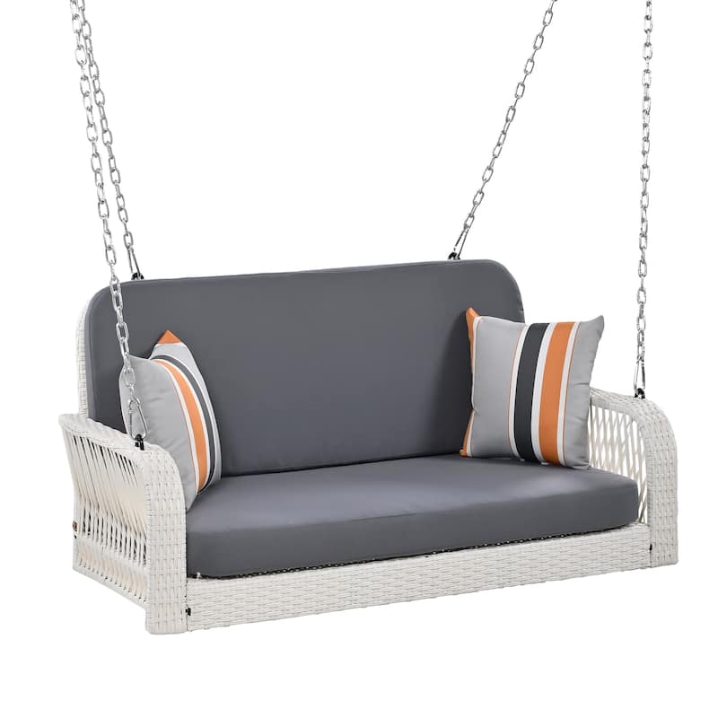 All-Weather PE Wicker Porch Swing with Cushions and Chains, 2-Person Hanging Bench for Backyard, Garden, Patio or Poolside Use