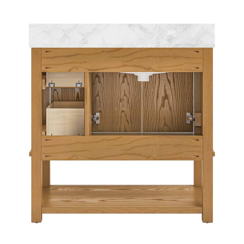48" Bathroom Vanity with Sink, Marble Countertop Single Bathroom Vanity with 6 Drawers, White