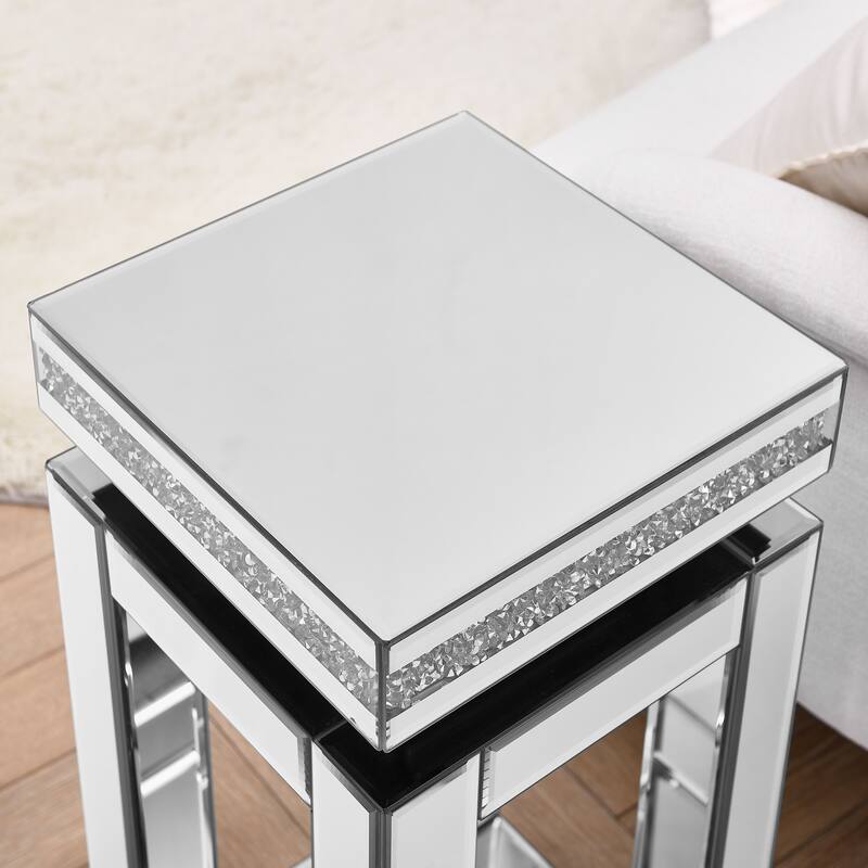 Mirrored End Table Square with Crystals Inlay, 2-Tier Modern Small Sofa Table with Storage, Silver Accent Table for Living Room