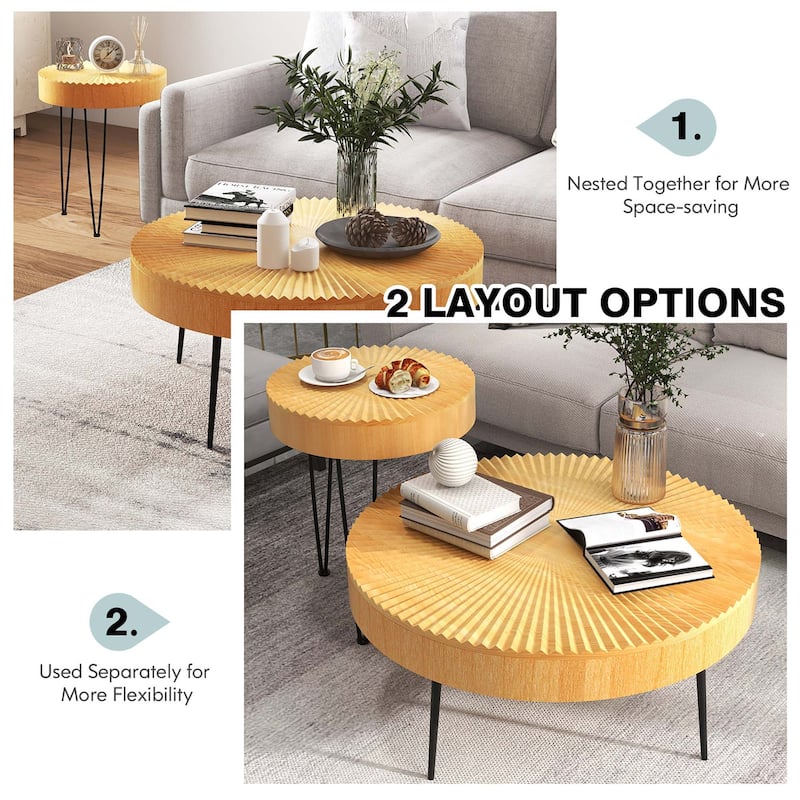 Set of 2 Boho Round Coffee Table Sofa Side Nesting Table w/ Wood Top