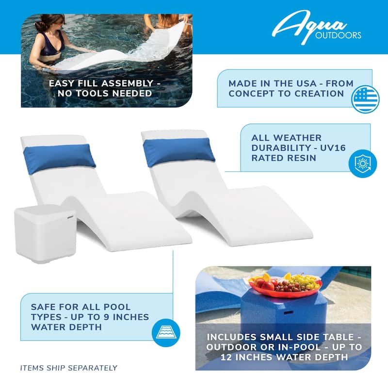 Aqua Outdoors inPool Chaise Set-Two Chaises-Two Pillows-One Small in Pool Side Table - ledges up to 9"in Deep