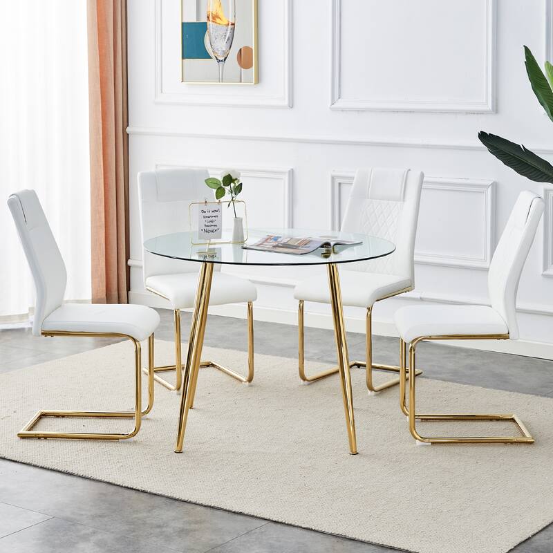 Roomfitters 5pcs Round Glass Dining Set with PU Cushioned Chairs and Gold Metal Legs, Kitchen Furniture, Golden