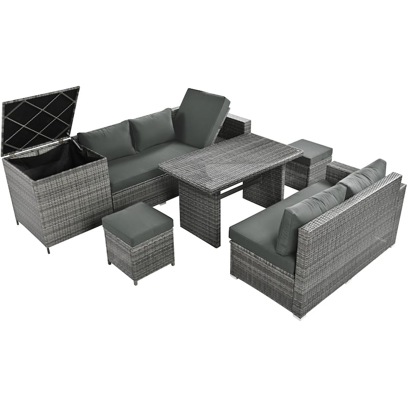 6-Piece All-Weather Outdoor PE Rattan Sofa Set - Patio Wicker Sectional with Storage Box, Removable Covers & Table