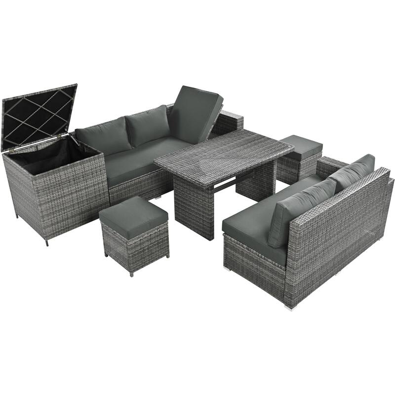Roomfitters 6-Piece All-Weather PE Rattan Patio Sofa Set with Adjustable Seats, Storage Box and Glass Top Table