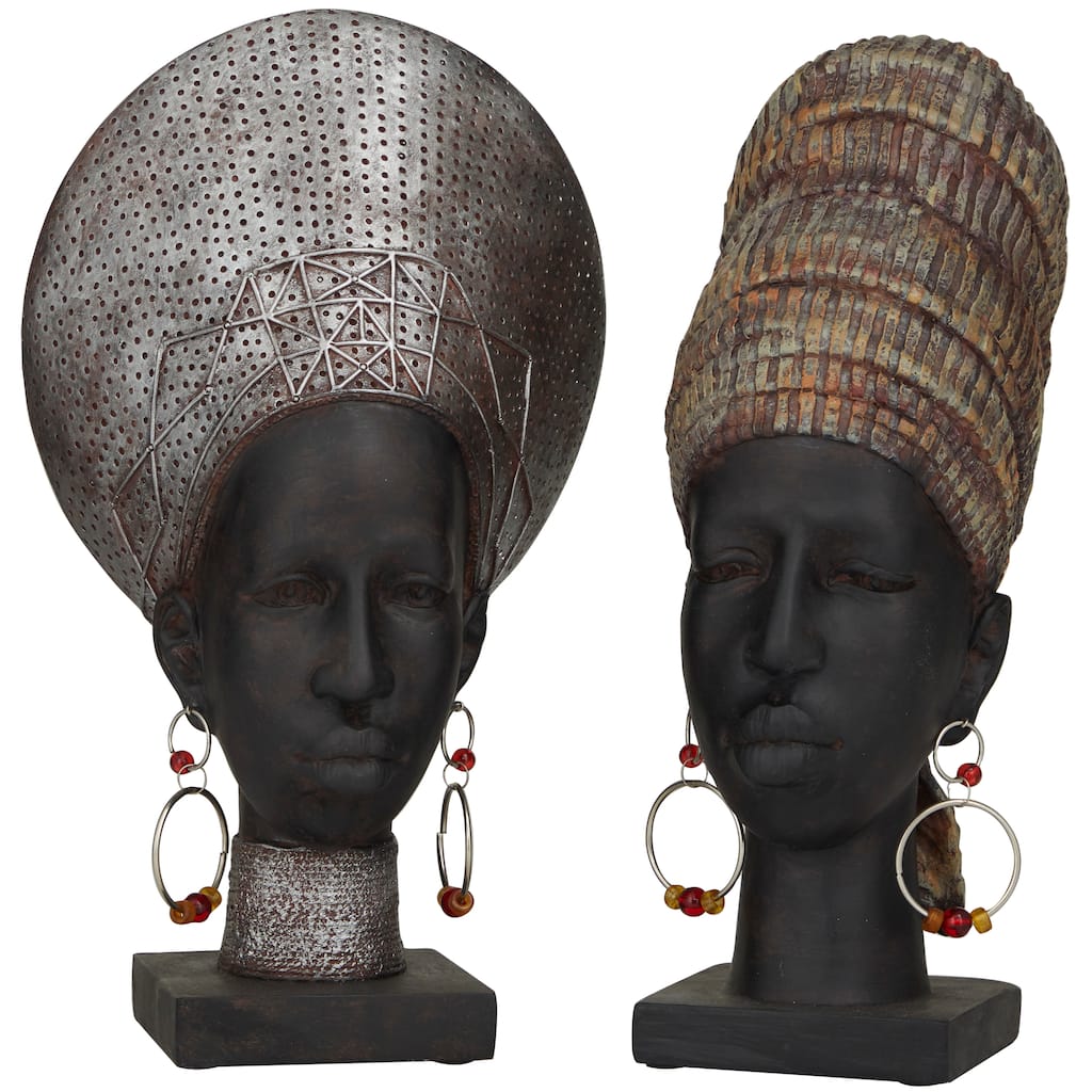 Polystone Woman African Sculpture - Set of 2 Black - Roche River Decor - 6"W x 7"L x 13"H