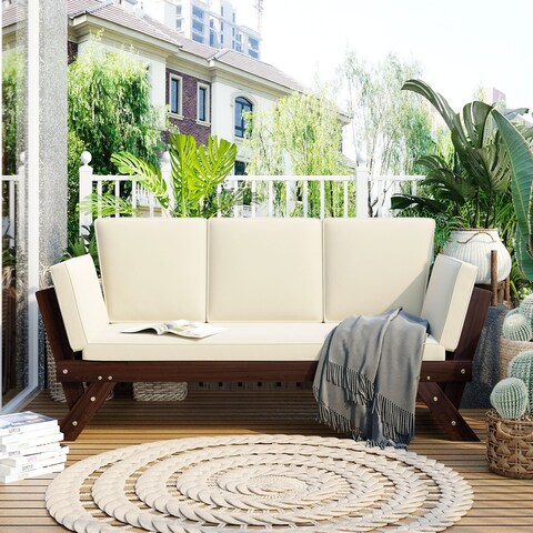 Outdoor Adjustable Patio Wooden Sofa Chaise Lounge with Cushions