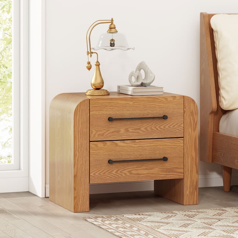 Christopher Knight Home - Mina Modern 2-Drawer Nightstand with Black Metal Handles - Natural