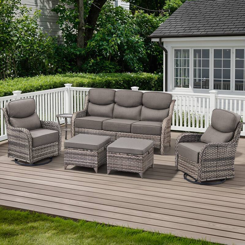 Meyreso 6-Piece Wicker Patio Conversation Set with Swivel Gliders and 6-Inch Thick Olefin Cushions