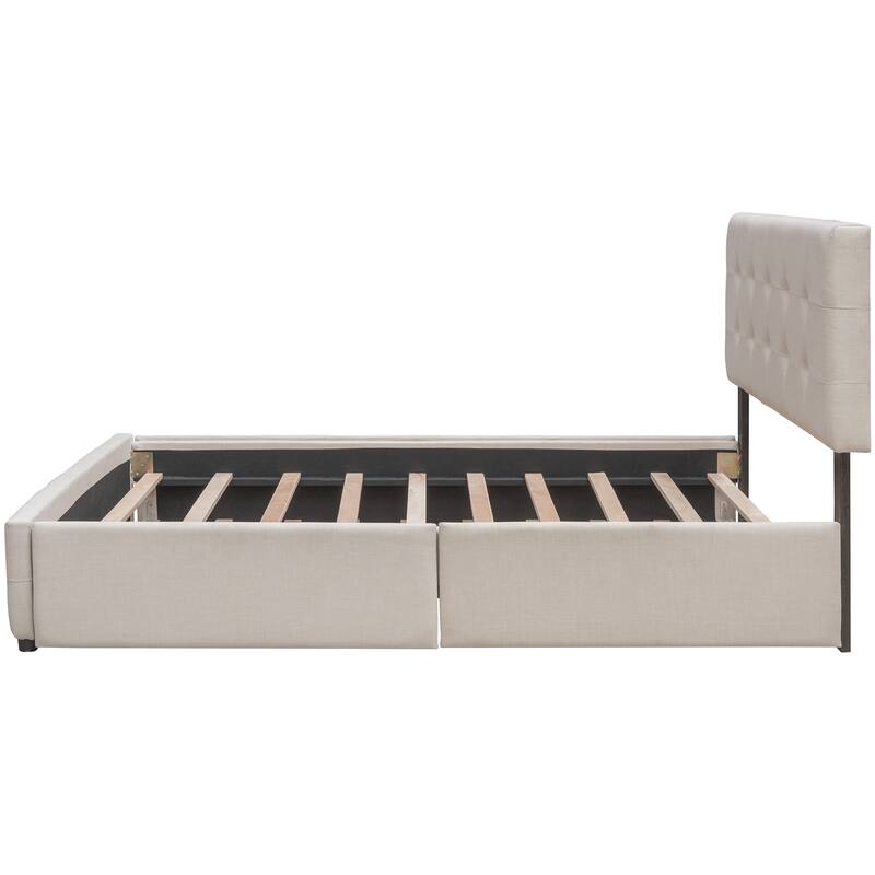 Queen Linen Upholstered Trundle Bed with 2 Drawers