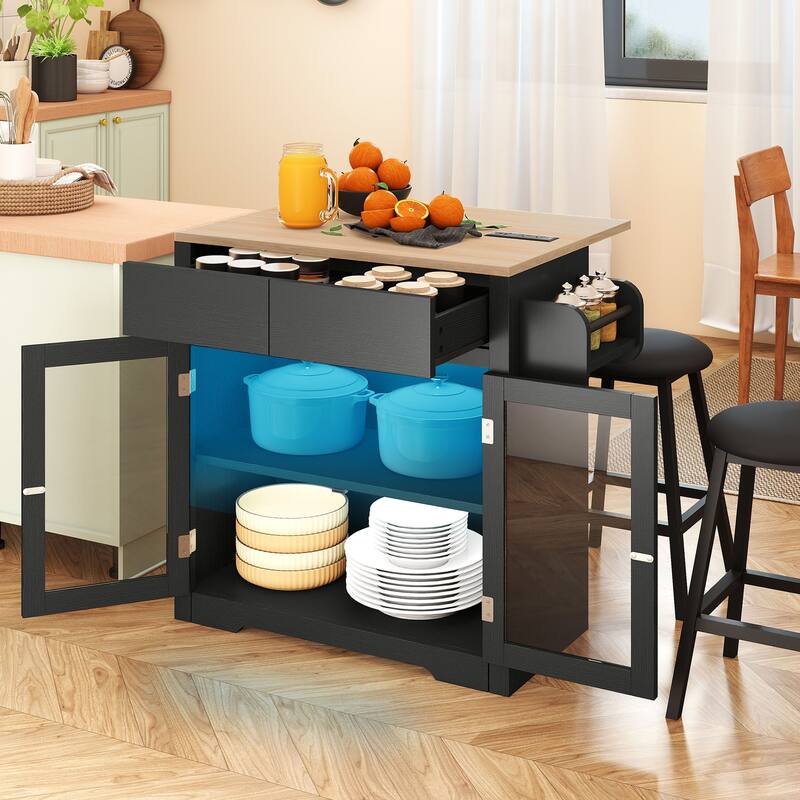 Moasis Rolling Kitchen island with Seating and LED Lights,Mobile Storage Islands with Drop Leaf, Dining Table with Power Outlet
