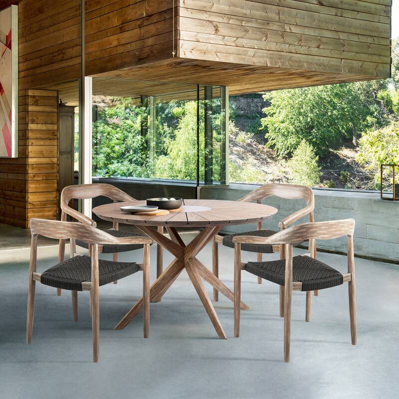 Mid-Century Solid Eucalyptus Wood and Rope Outdoor Patio 5 Piece Round Dining Set - Light Brown