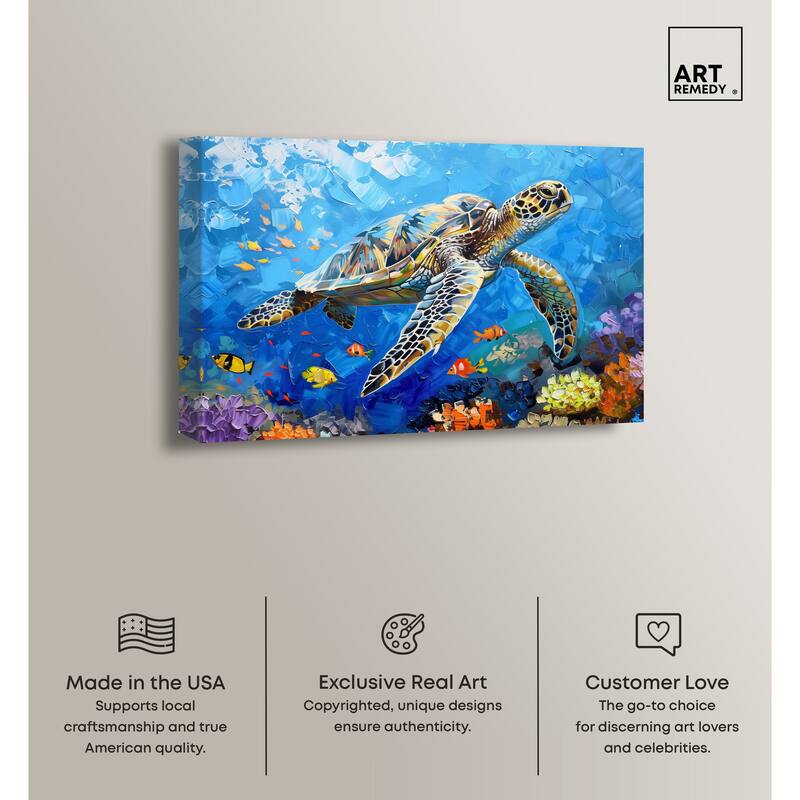 Art Remedy Turtle Swimming Gallery Wrapped Colorful Coastal 1 Piece Canvas Wall Art