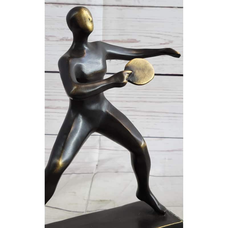 Ping Pong Bronze Metal Sculpture Statue Trophy Figure On Green Marble Base