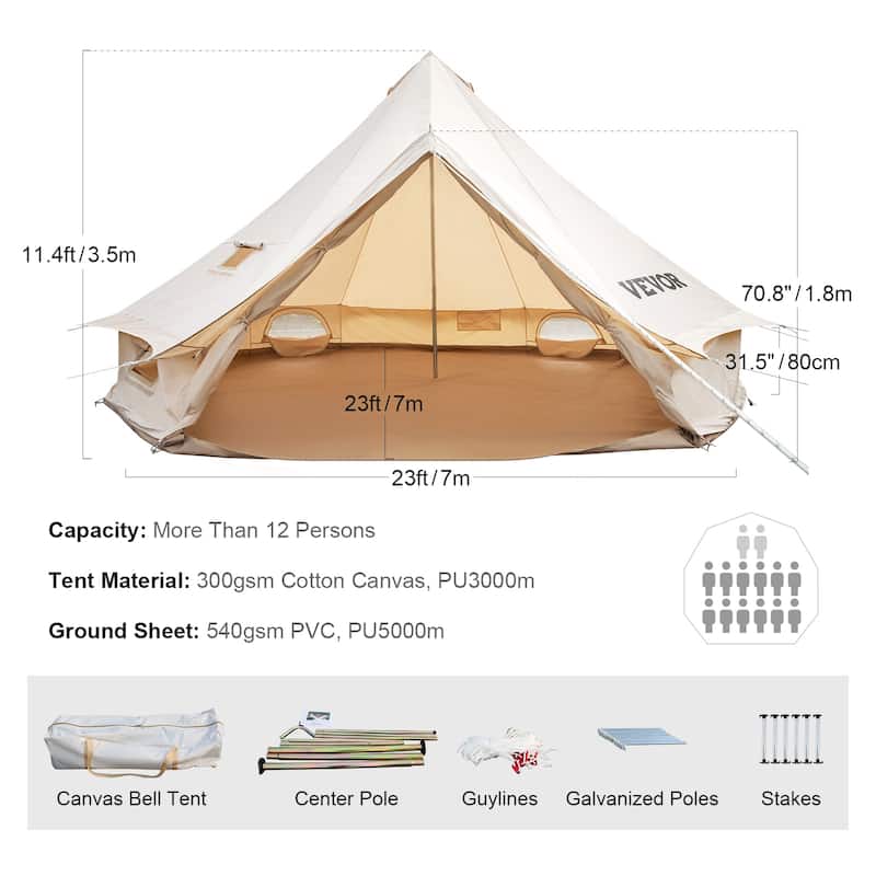 VEVOR Canvas Tent 4 Seasons Breathable 100% Cotton Canvas Yurt Tent - w/Stove Jack
