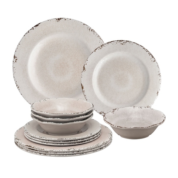 UPware 12 Piece Crackle Melamine Dinnerware Set Cream On Sale