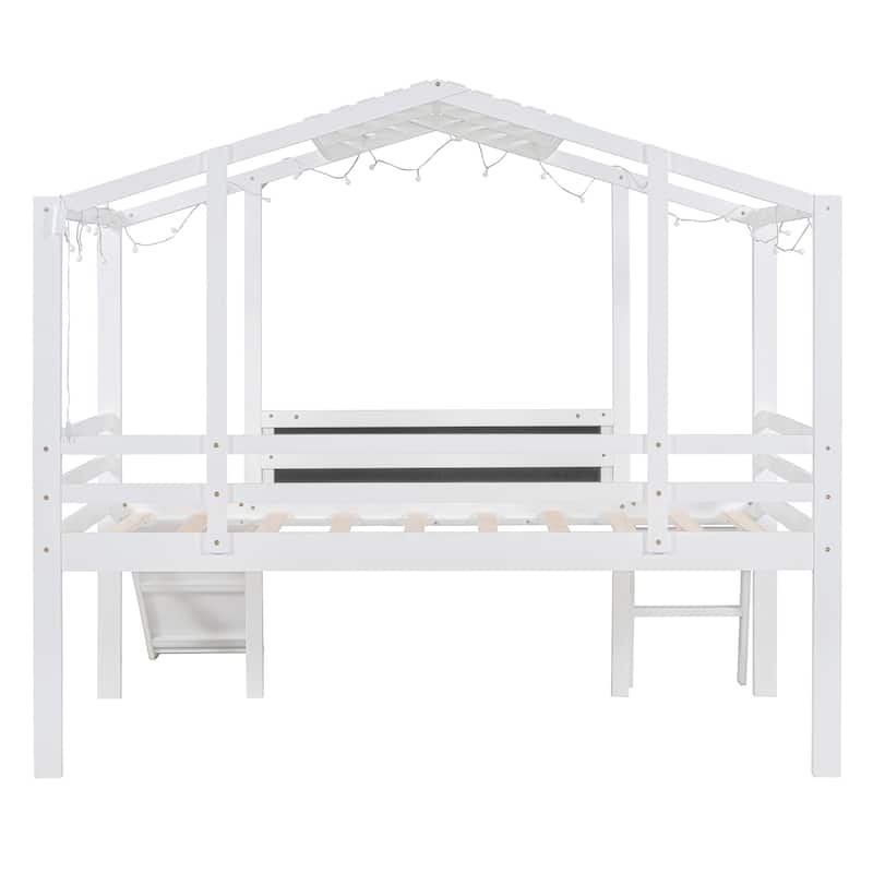 Twin Size Loft Bed House Bed with Slide, Light Strip and Blackboard