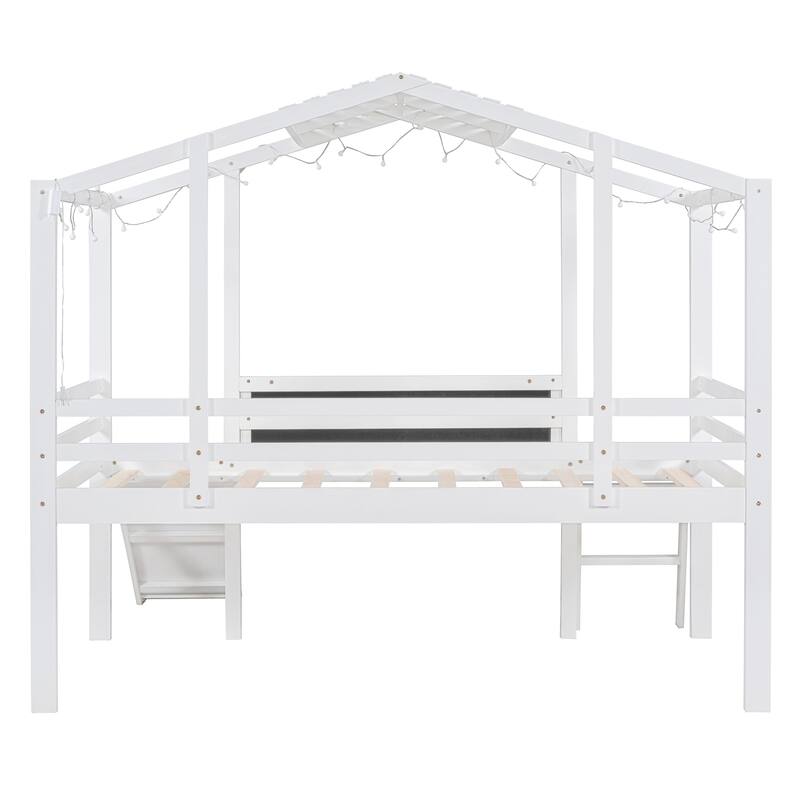 Twin Size Loft bed with Ladder and Slide, House bed with Blackboard and Light Strip on the Roof, White