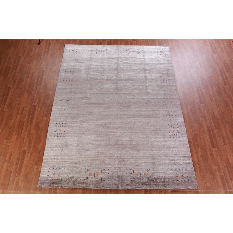 Hand Knotted Oriental Viscose Silk Carpet Tribal Stripe Brown Gabbeh Area Rug - 11' 8'' X 8' 11''