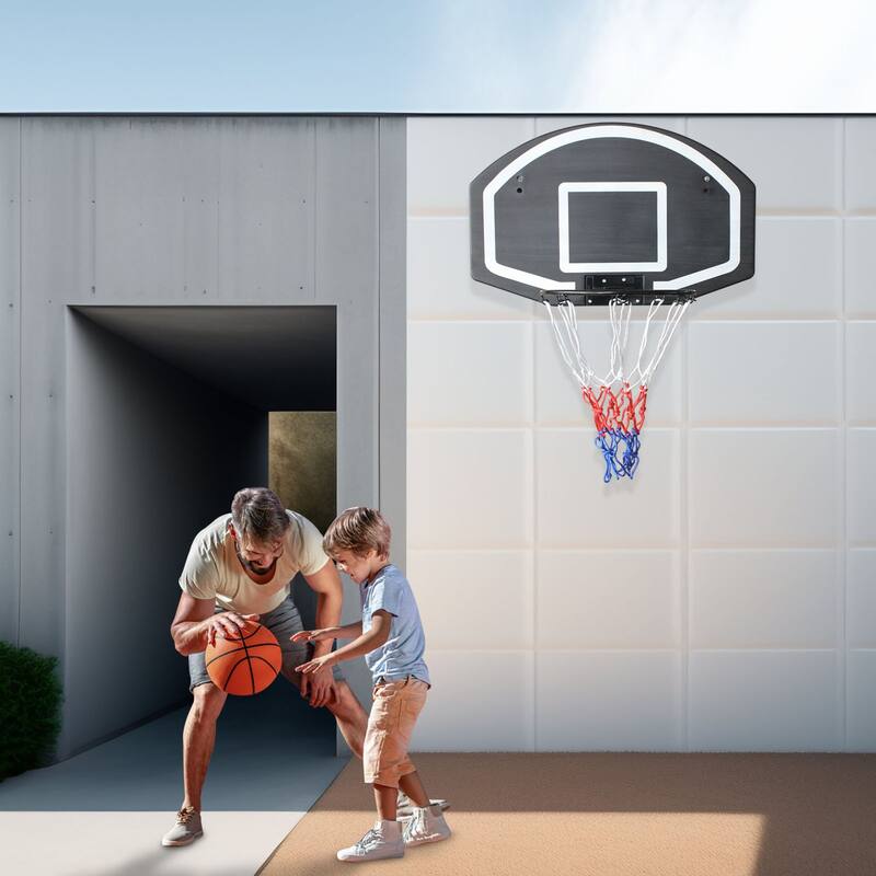 Roomfitters Wall-Mounted Basketball Hoop, 28.5x18 Inch Shatterproof Backboard, Folding Hoop with All-Weather Mesh, Black+Blue