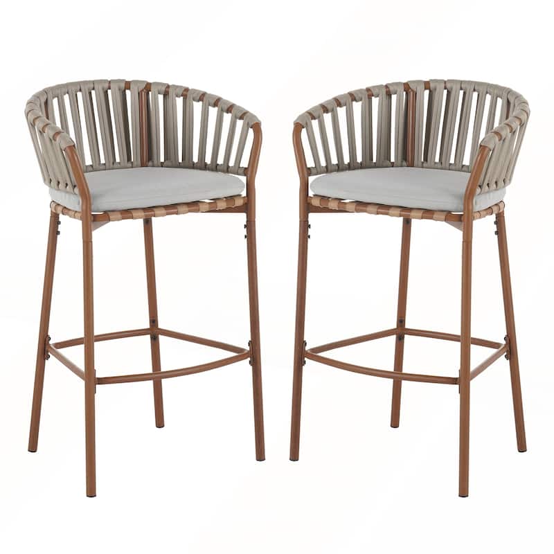 Outdoor Metal Rope Barstool with and Beige Cushion Set of 2