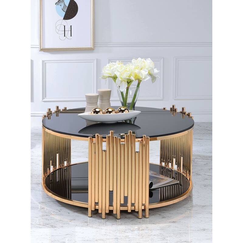 Chic Open Storage Coffee Table with Tempered Glass and Sturdy Metal Base