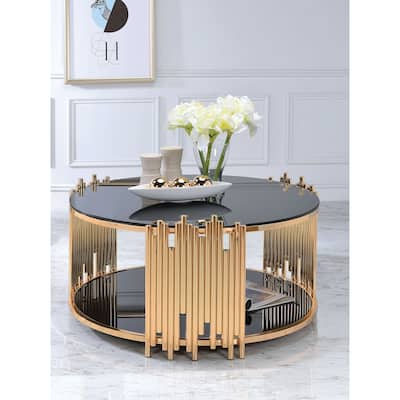 Chic Open Storage Coffee Table with Tempered Glass and Sturdy Metal Base