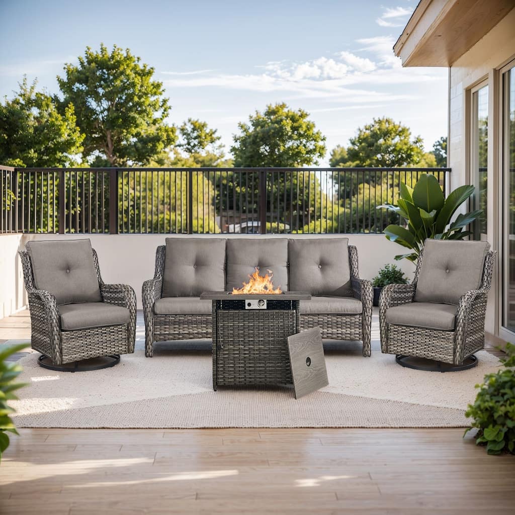 Fire Pit Table with Sofa and 2 Swivel Chairs Grey-Grey - Grey