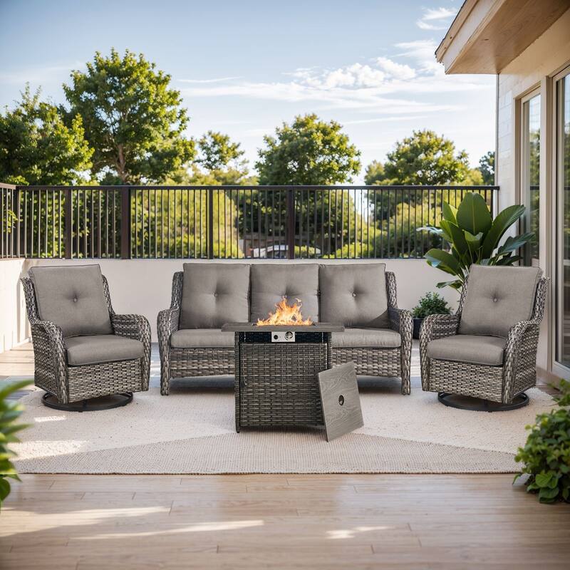 Pocassy Fire Pit Table with Sofa Swivel Chairs Set - Grey Wicker Gray Cushion - 4 Pieces Sofa Chairs with Fire Table