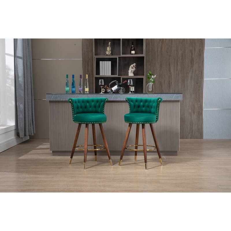 Counter Height Bar Stools Set of 2, Kitchen Bar Stools with Solid Wood Legs, Upholstered Dining Room Chairs with Footrest