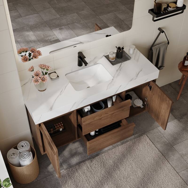 48"Mid Century Modern Wall-Mounted Bathroom Vanities,Single Sink,Brown Wood Texture with Sintered Stone Table top