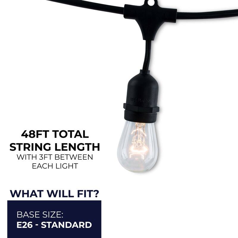 Bulbrite 48 ft Indoor/Outdoor 15-Socket (E26) Decorative String Light Kit, Black
