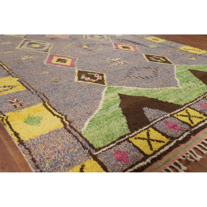 Gray Plush Geometric Moroccan Area Rug Hand-Knotted Wool Carpet - 9'0" x 12'7"