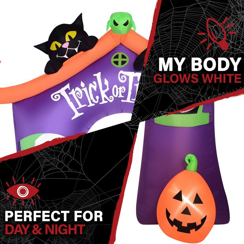Haunted Hill Farm 9-Ft. Inflatable Pre-Lit Trick or Treat Walkway Arch with Black Cat, Jack-O-Lantern, and Ghost