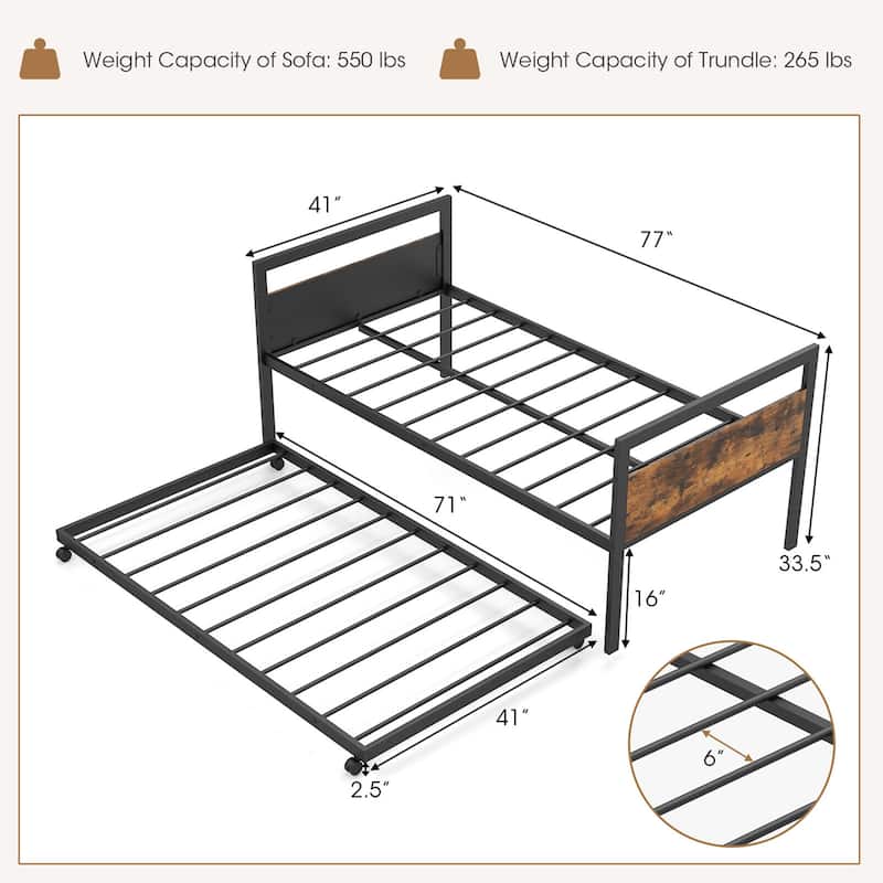 Costway Twin Metal Daybed with Trundle Lockable Wheels Heavy Duty