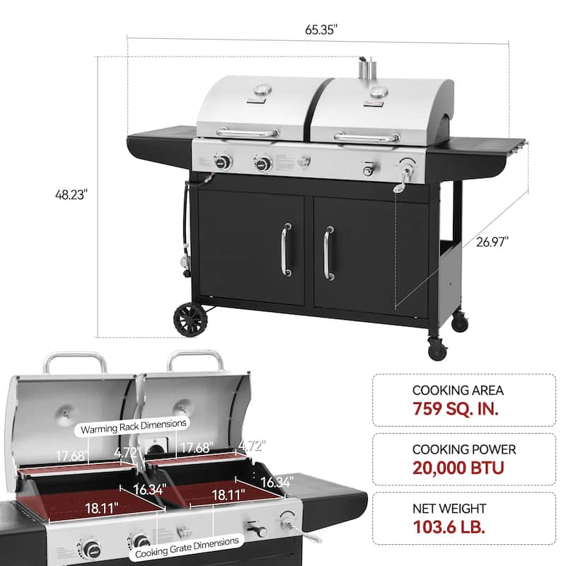 Royal Gourmet 3-Burner Dual Fuel Cabinet Gas and Charcoal Grill Combo