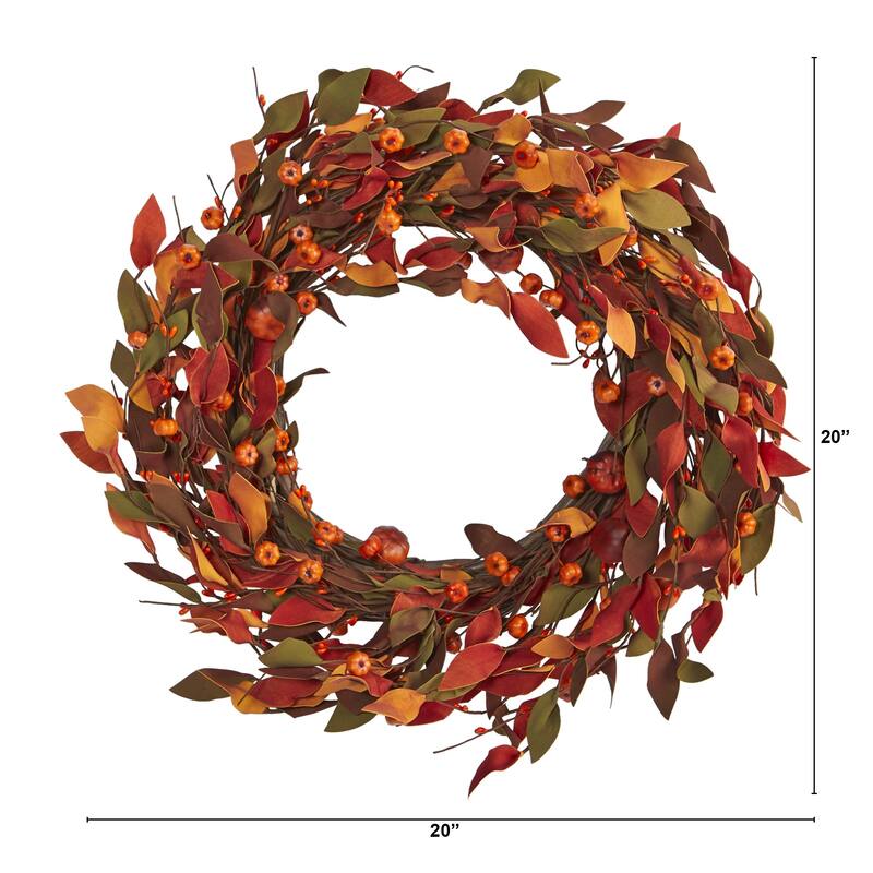 Leaf and Mini Pumpkin Artificial Fall Harvest Twig Wreath, 20-Inch, Unlit