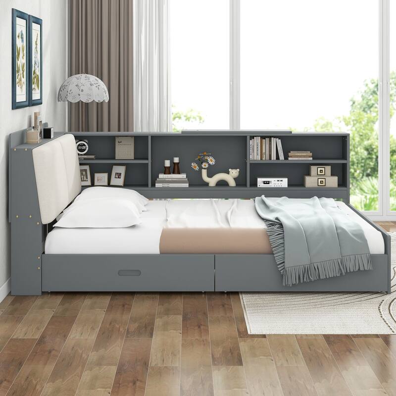 Modern Full Size Wood Platform Bed with Storage Headboard, Built-in Shelves, Upholstered Backrest, and 2 Drawers