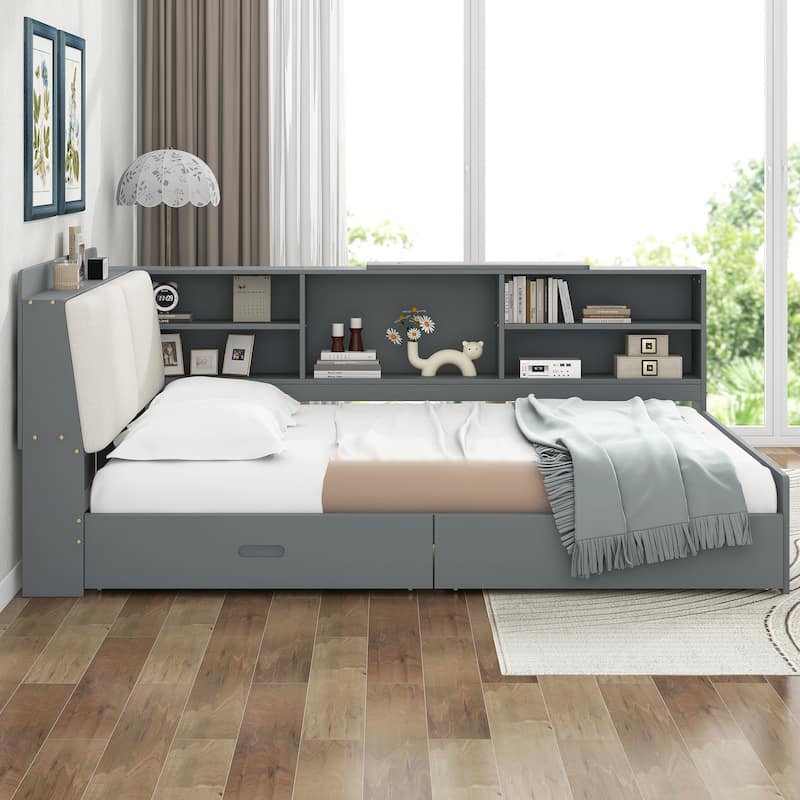 Wood Full Size Modern Platform Bed w/Flip Storage Upholstered Headboard, Shelves & 2 Drawers, Low-Profile Daybed Bed for Bedroom